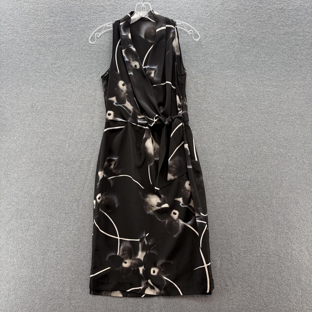 Elie Tahari Dress 4 Black Geo Satin Sleeveless Tie Sheath Career Cocktail Midi